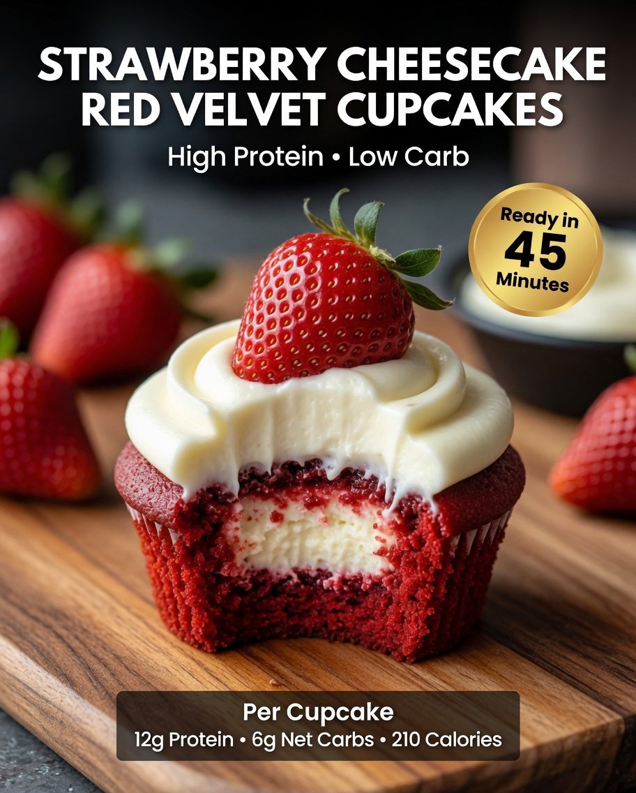 High-Protein Strawberry Cheesecake Red Velvet Cupcakes