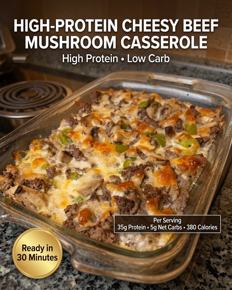 High-Protein Cheesy Beef Mushroom Casserole