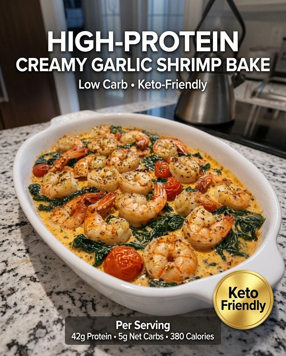 High-Protein Creamy Garlic Shrimp Bake