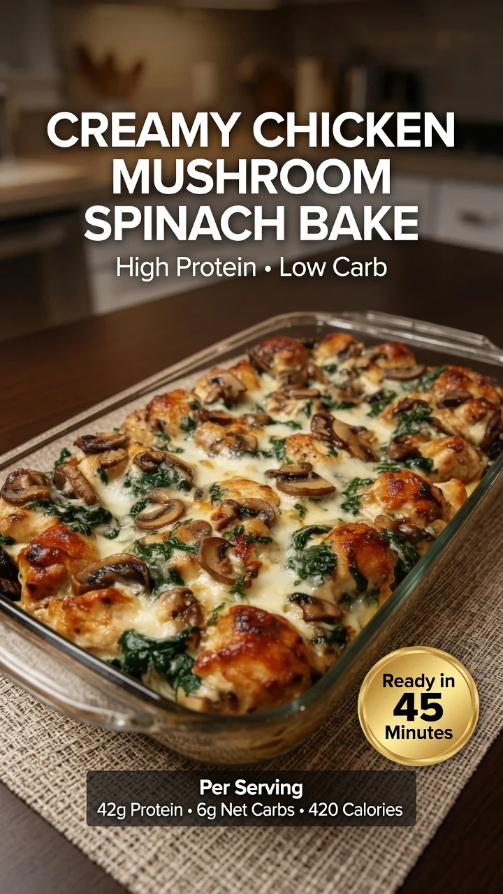 High-Protein Creamy Chicken Mushroom Spinach Bake