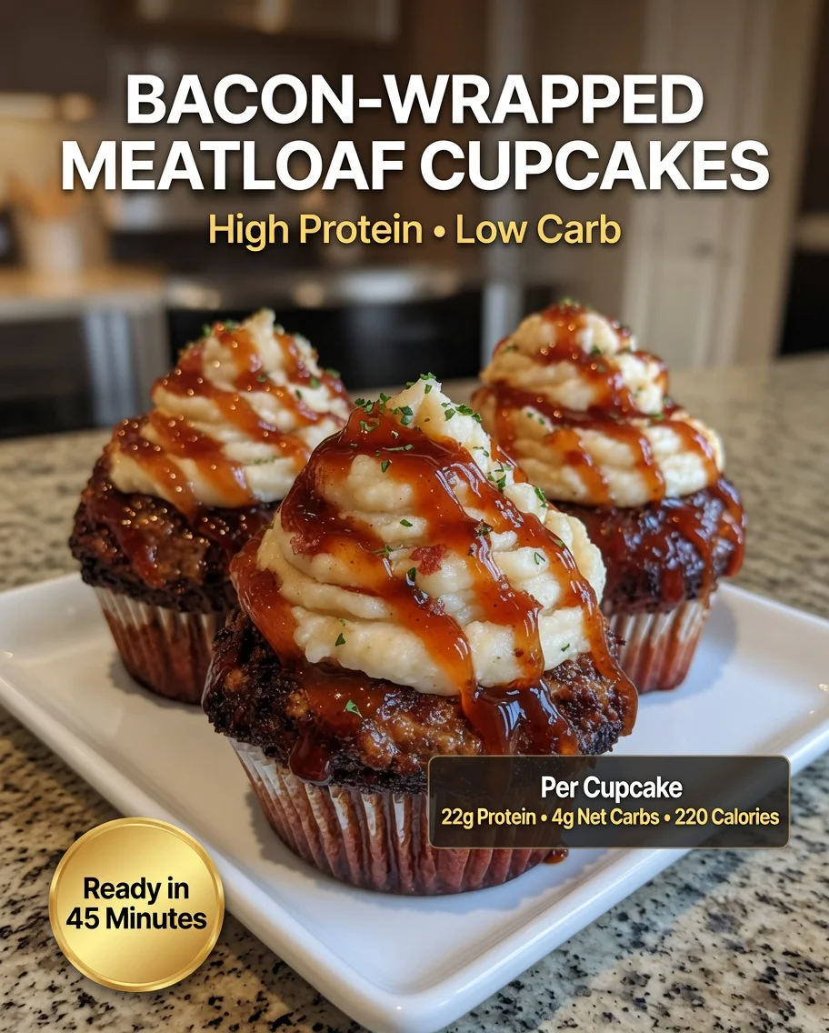 High-Protein Bacon-Wrapped Meatloaf Cupcakes with Cauliflower Mash Frosting